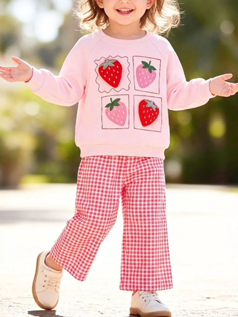 Children's Strawberry Graphic Sweatshirt and Gingham Pants Set