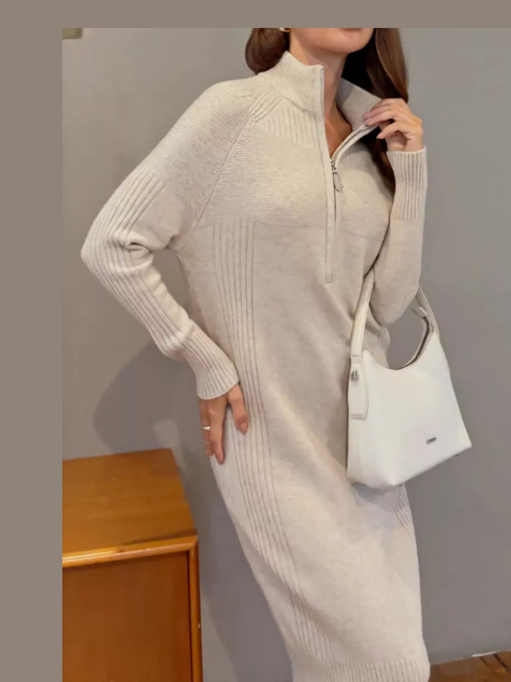 Annelise Half-Zip Ribbed Sweater Maxi Dress in Off-White, on model