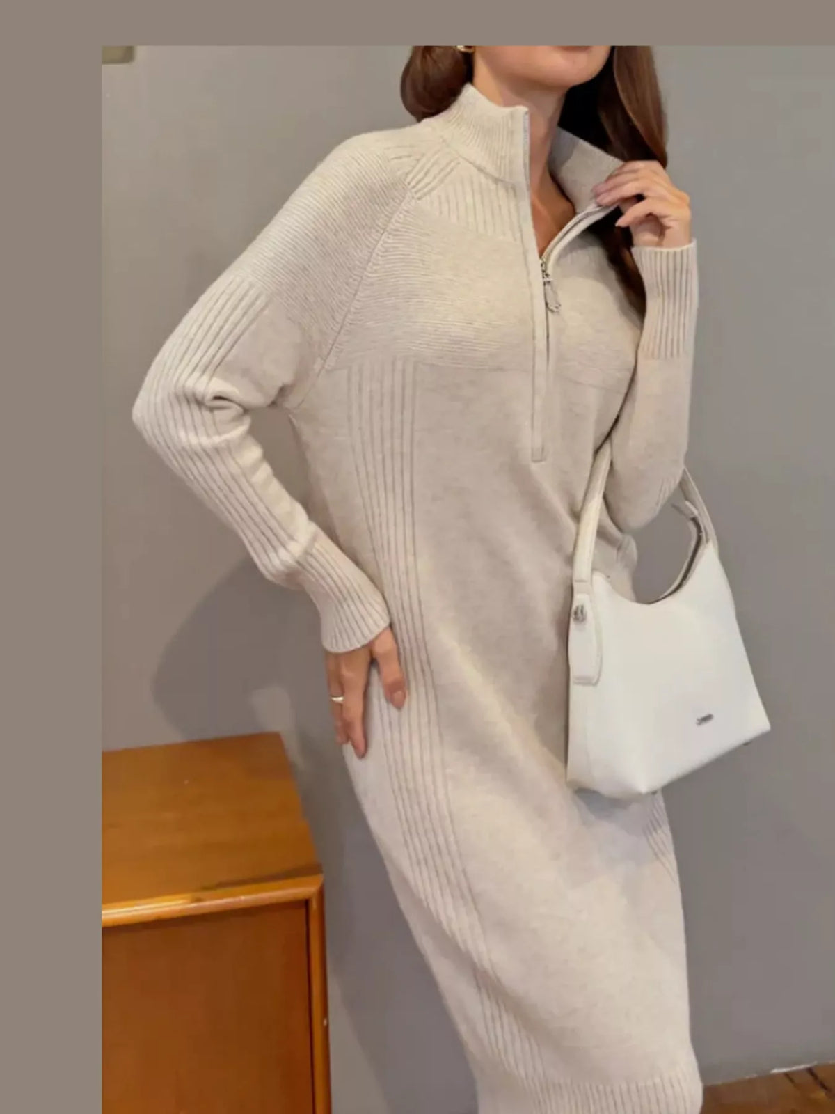 Annelise Half-Zip Ribbed Sweater Maxi Dress in Off-White, on model