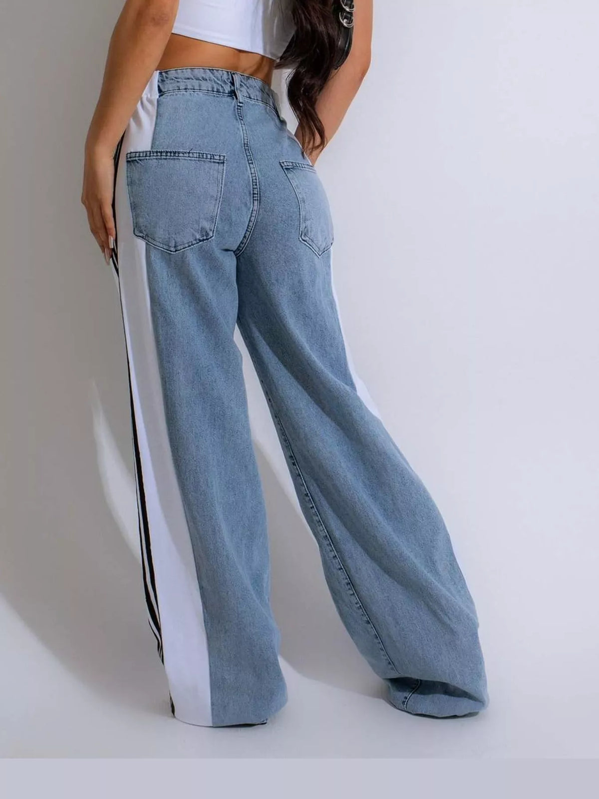 Zoe Side-Stripe Wide-Leg Jeans in White, on model