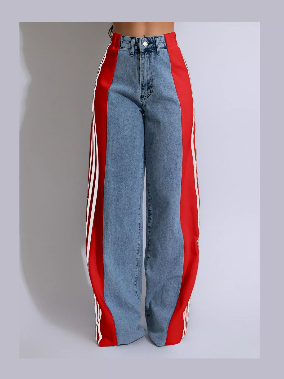 Zoe Side-Stripe Wide-Leg Jeans in Red, on model
