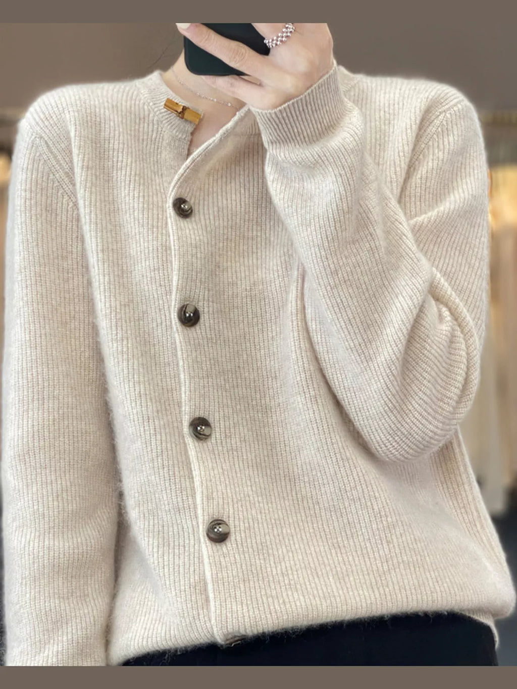 Nell Asymmetric Button Ribbed Cardigan in Pearl Barley, on model