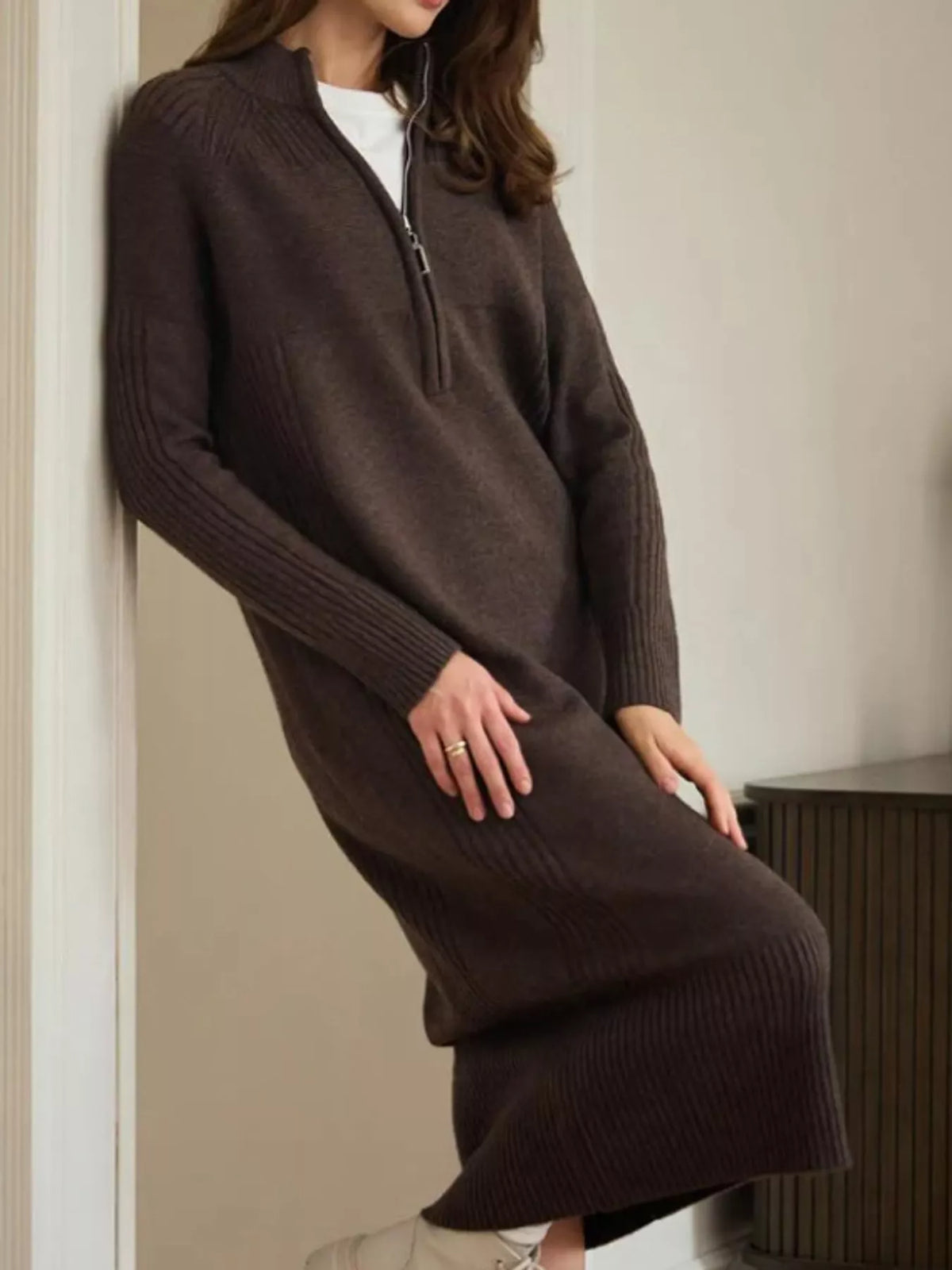 Annelise Half-Zip Ribbed Sweater Maxi Dress in Coffee, on model