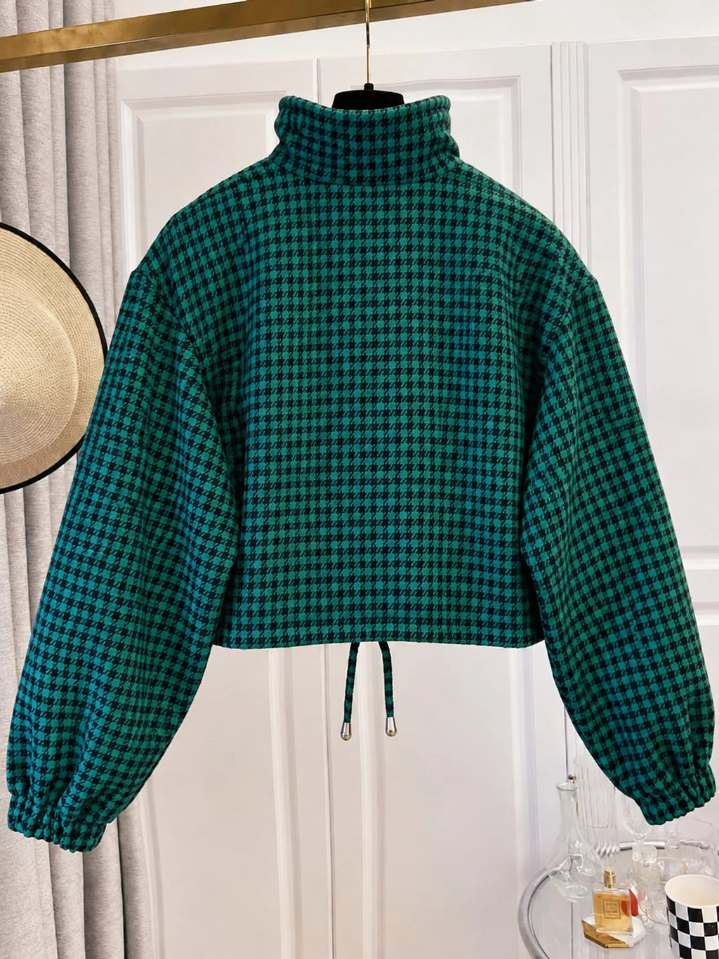Sadie Houndstooth Cropped Utility Jacket in Green, on model