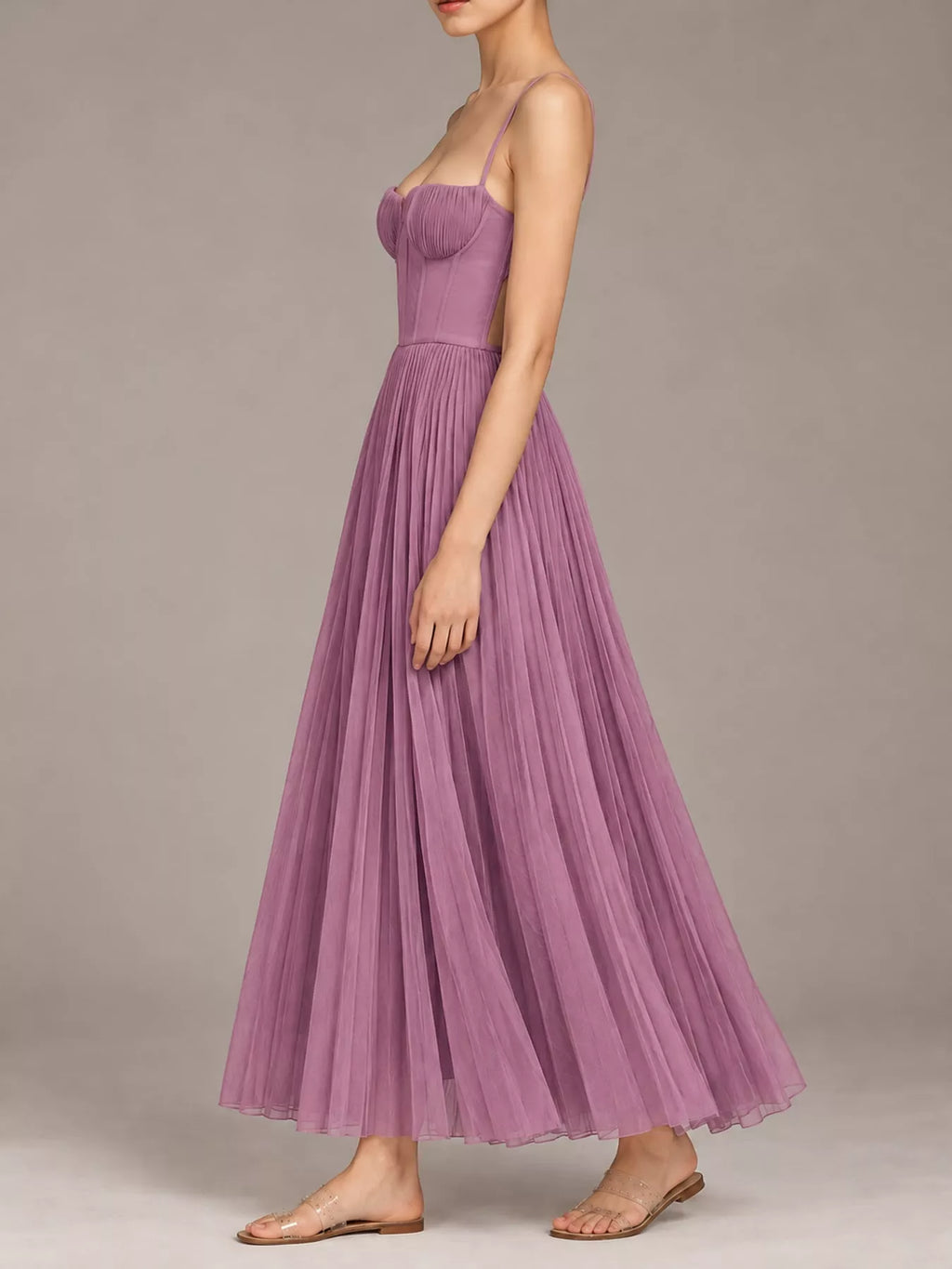 Saoirse Pleated Sweetheart Midi Dress in Light Purple, on model
