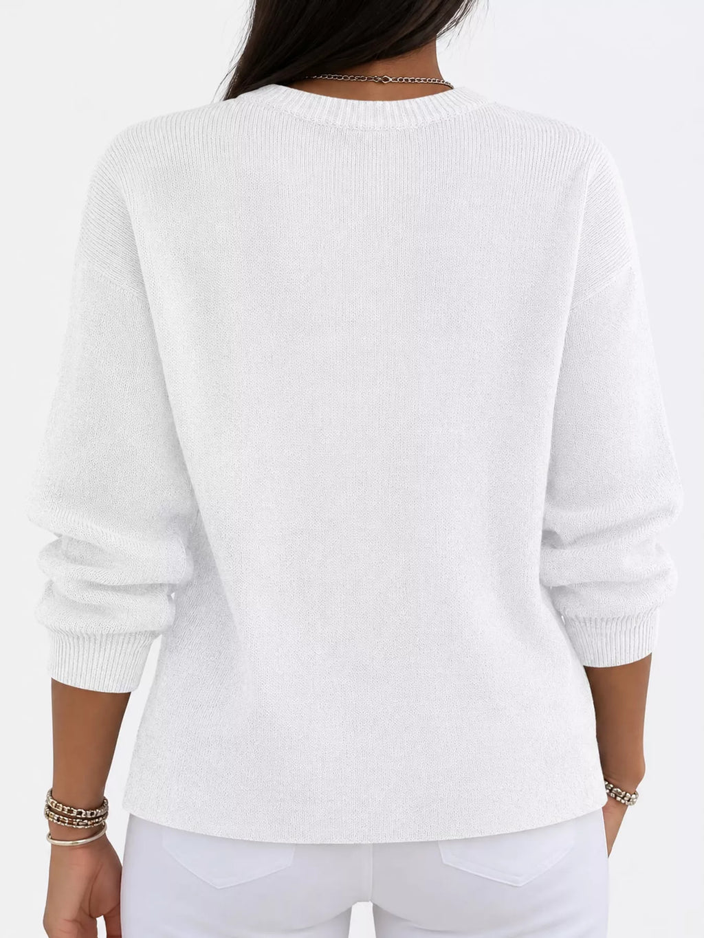 Corinne Classic Crew-Neck Sweater in White, on model