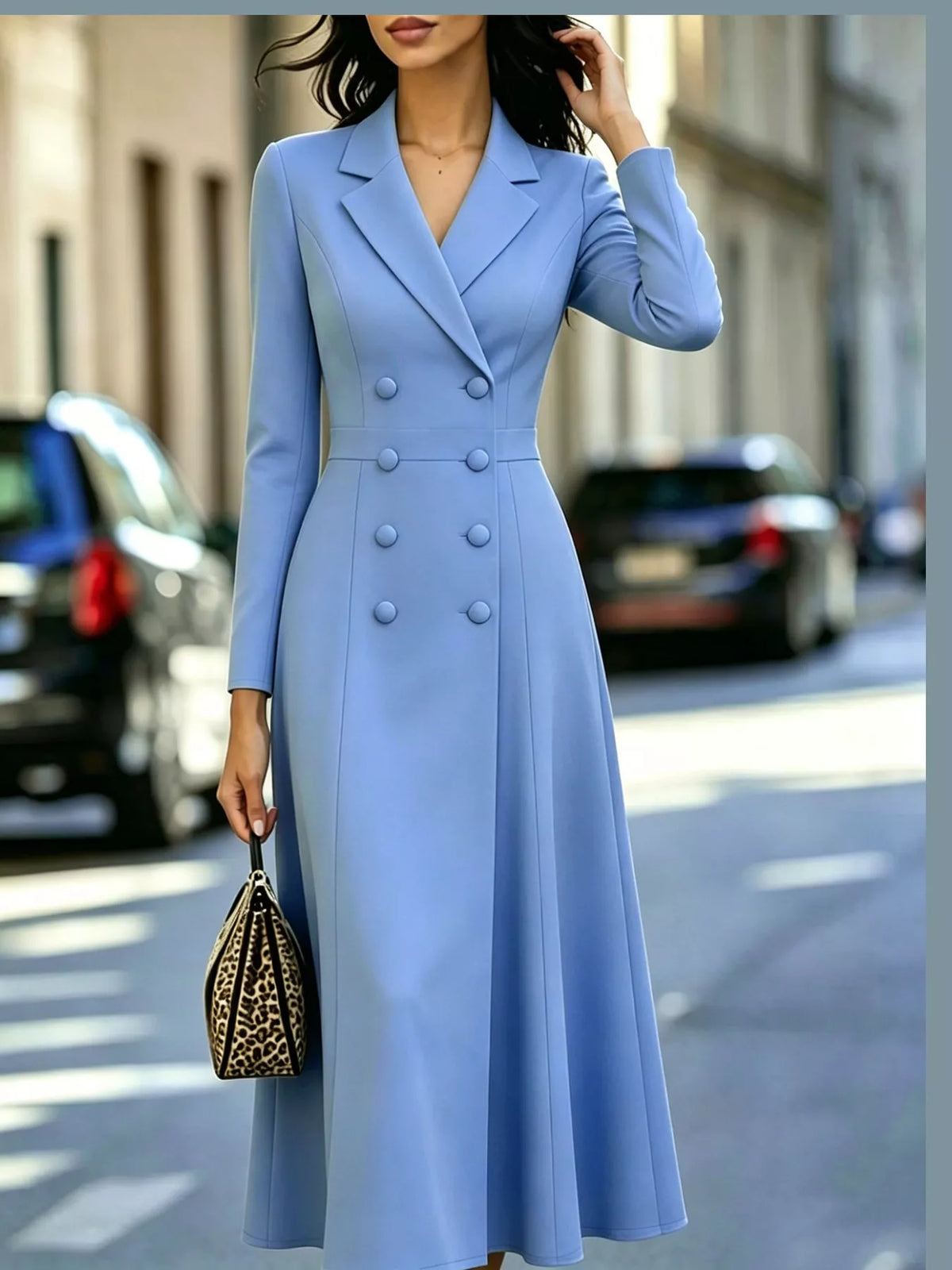 Solenne Double-Breasted Coat Midi Dress in Sky Blue, on model