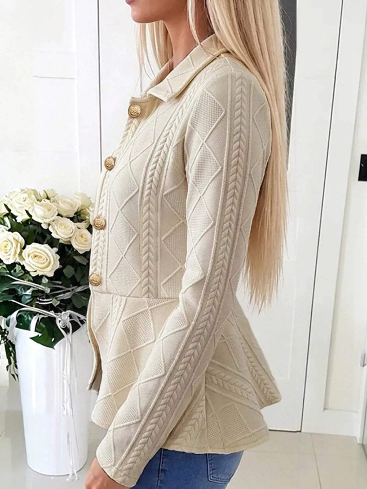 Briar Cable-Knit Peplum Cardigan, on model