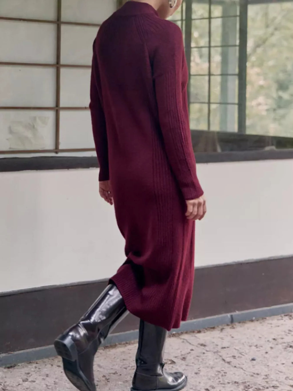 Annelise Half-Zip Ribbed Sweater Maxi Dress in Dark Red, on model