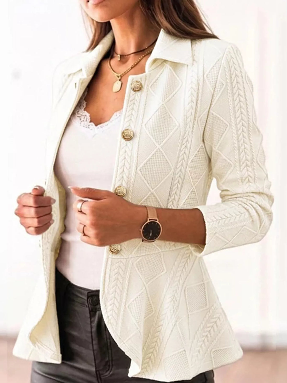 Briar Cable-Knit Peplum Cardigan in White, on model