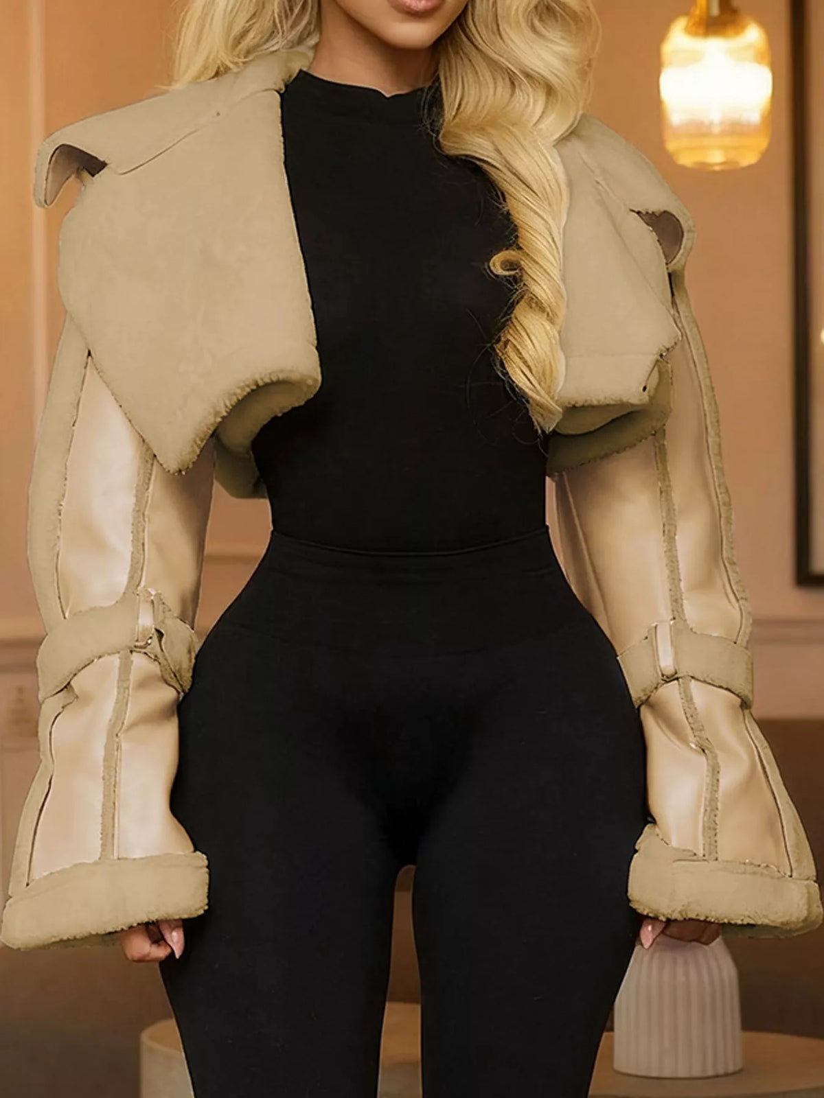 Demi Faux Leather Shearling-Trim Cropped Jacket in Khaki, on model