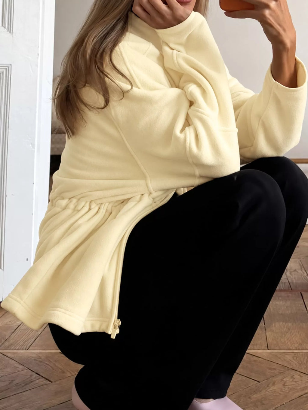Kaia Cinched-Waist Fleece Zip-Up Jacket in Yellow, on model