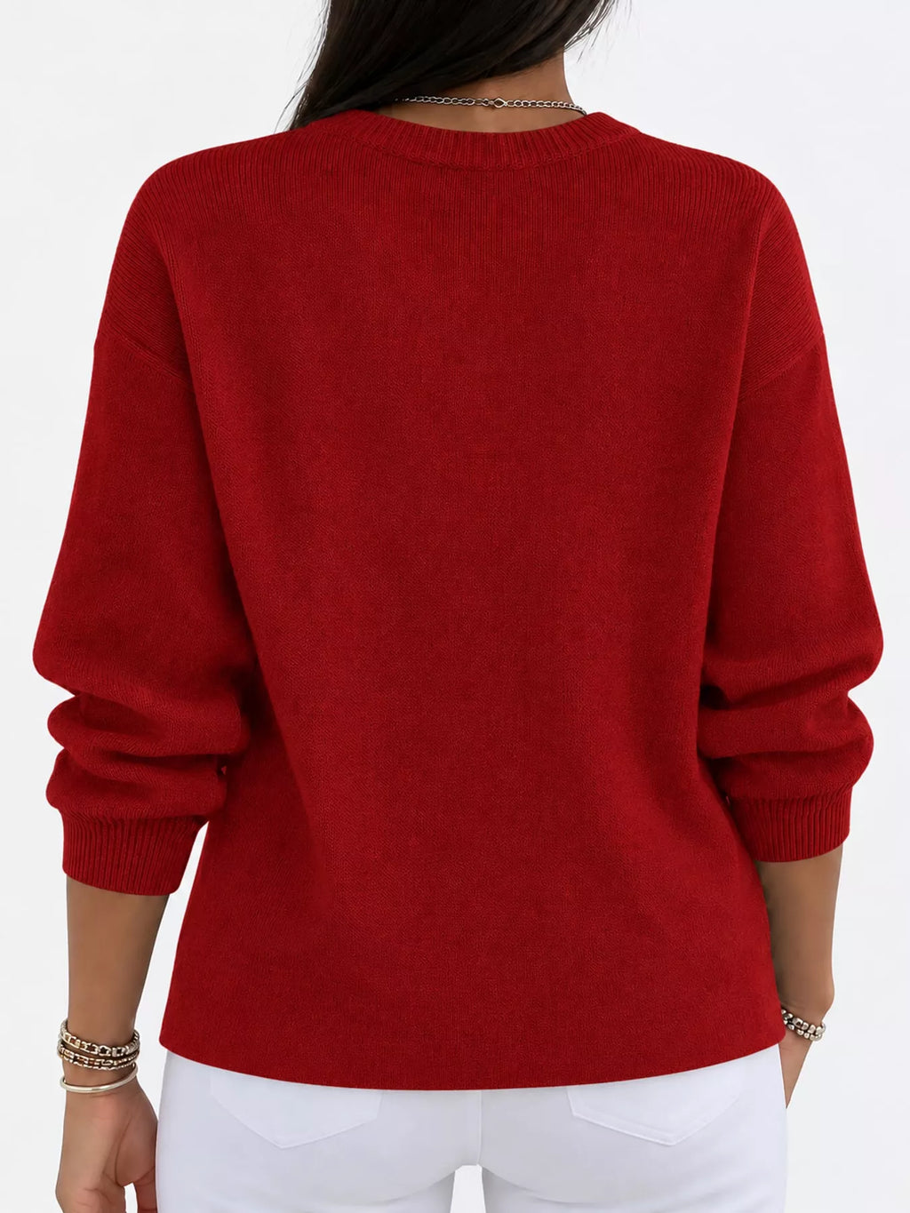 Corinne Classic Crew-Neck Sweater in Red, on model