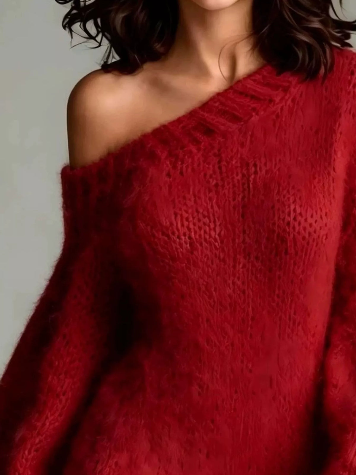 Mila One-Shoulder Sweater Mini Dress in Deep Red, on model