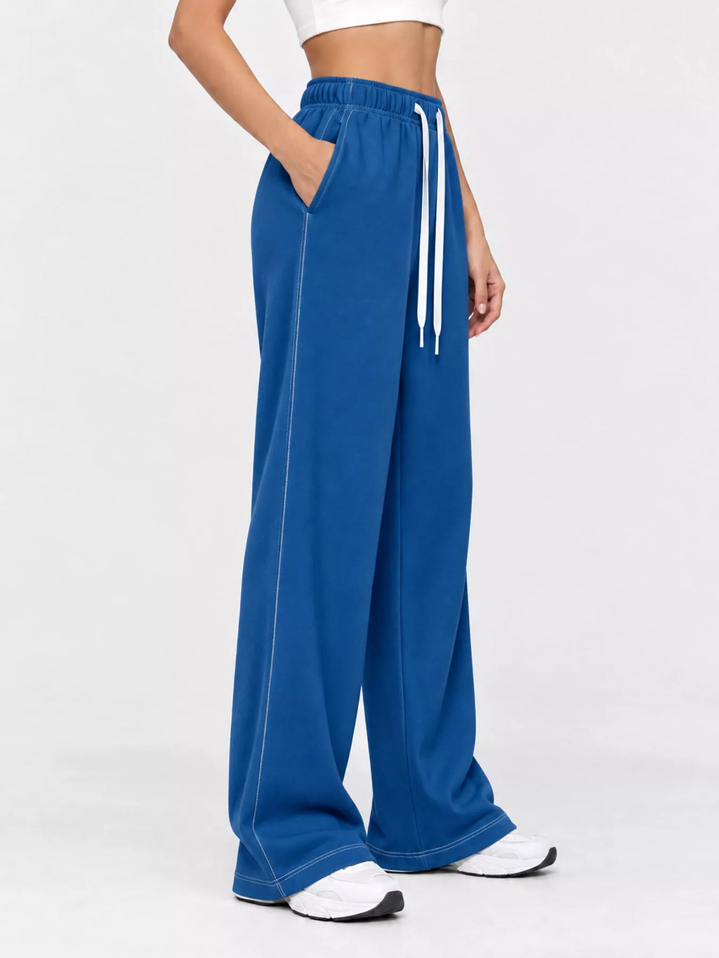Odessa Drawstring Wide-Leg Sweatpants in Royal Blue, on model