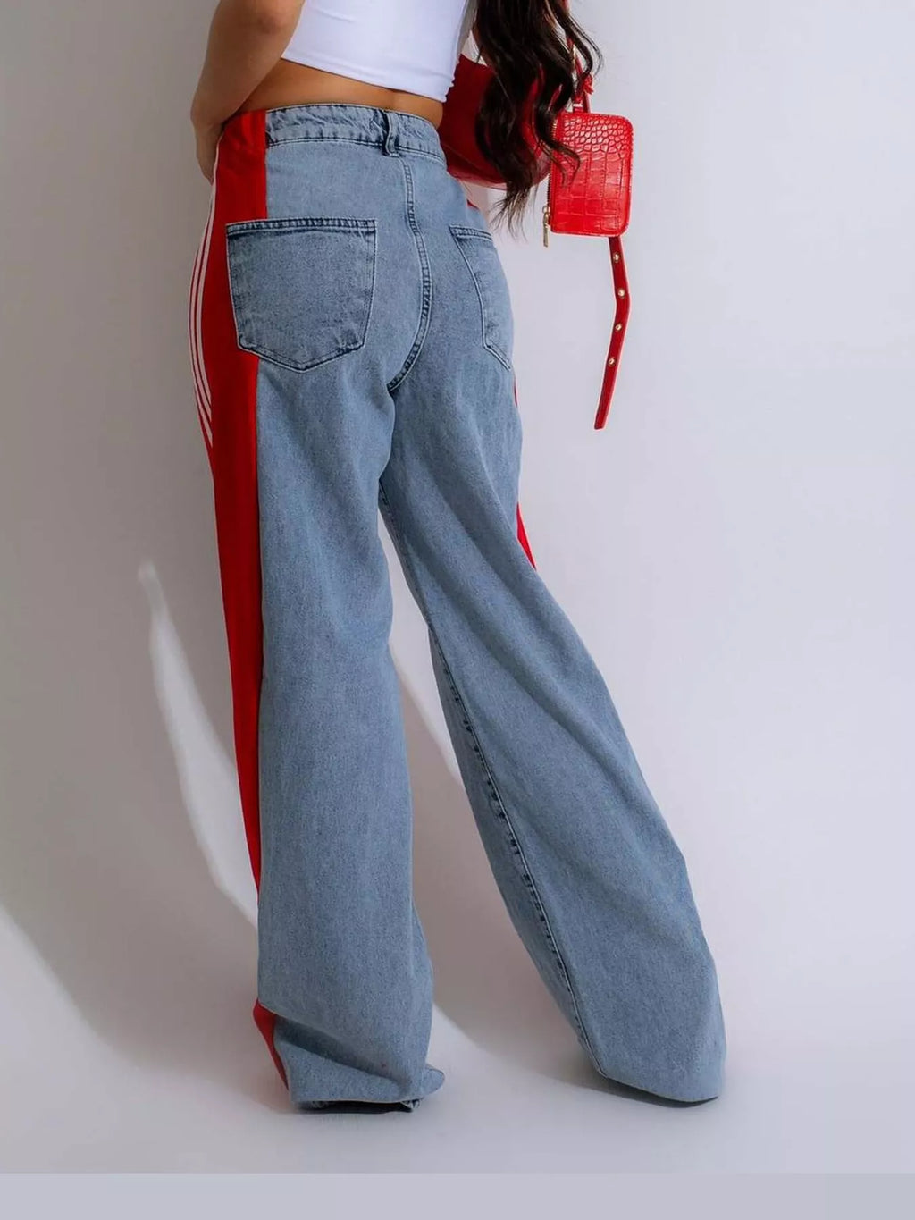 Zoe Side-Stripe Wide-Leg Jeans in Red, on model