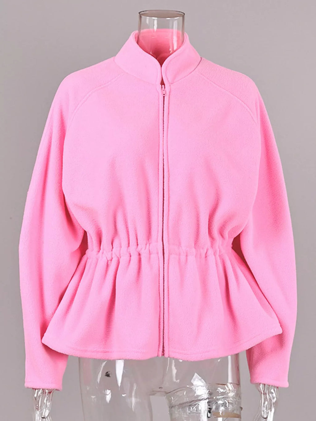 Kaia Cinched-Waist Fleece Zip-Up Jacket in Pink, on model