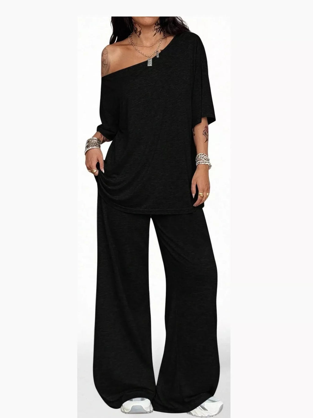 Linnea Off-Shoulder Top + Wide-Leg Pants Set in Black, on model