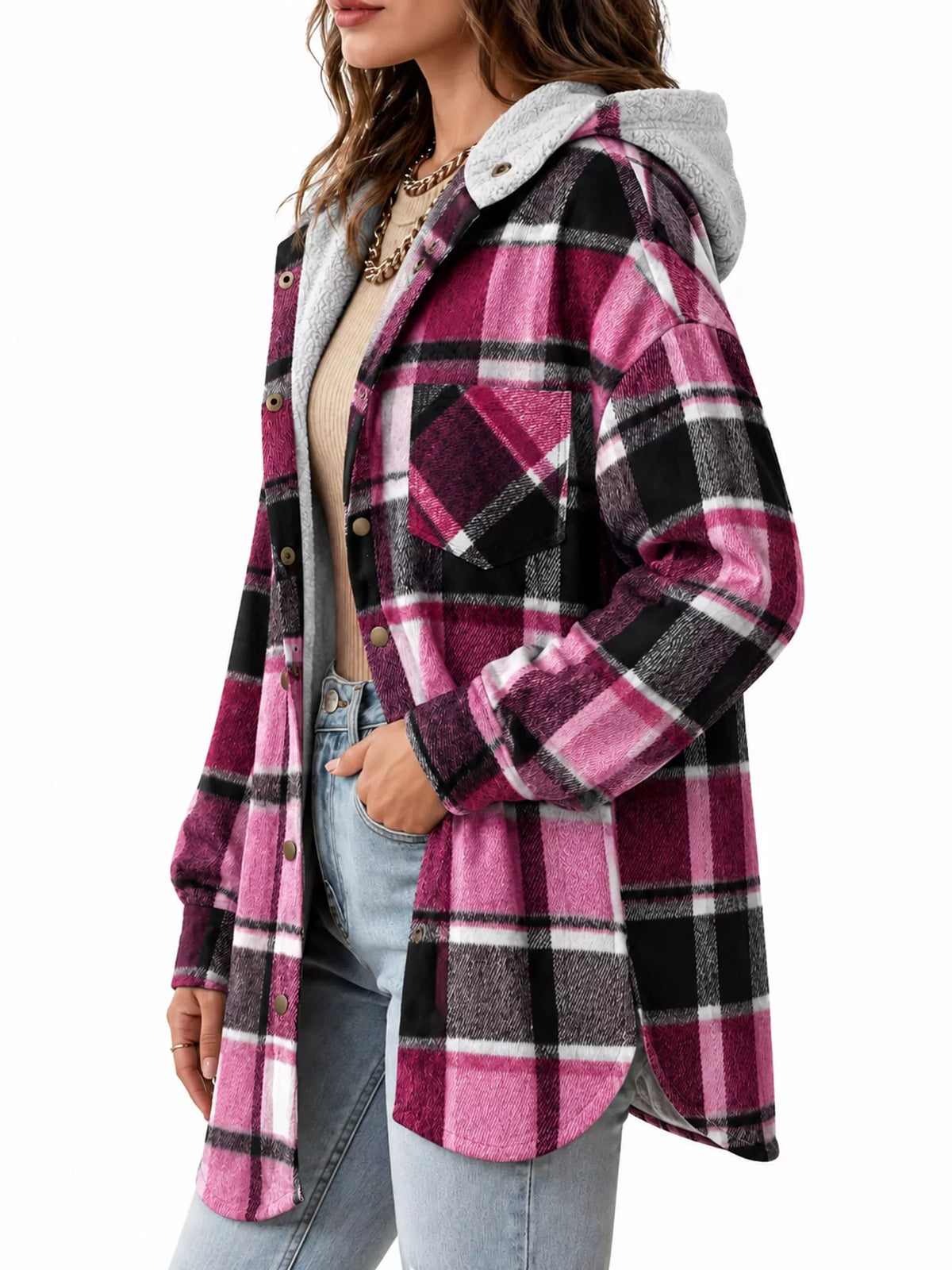 Nina Plaid Hooded Shacket in Pink, on model