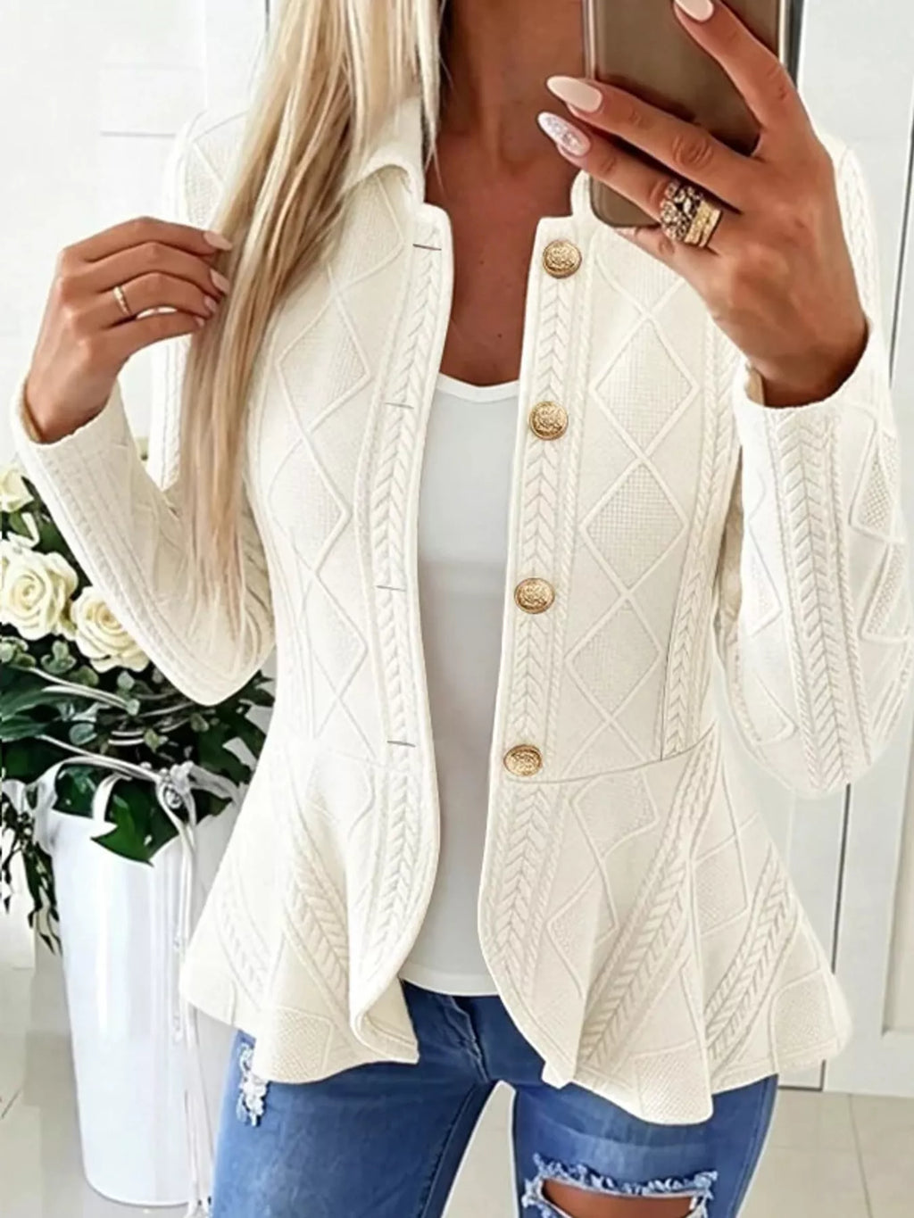 Briar Cable-Knit Peplum Cardigan in White, on model