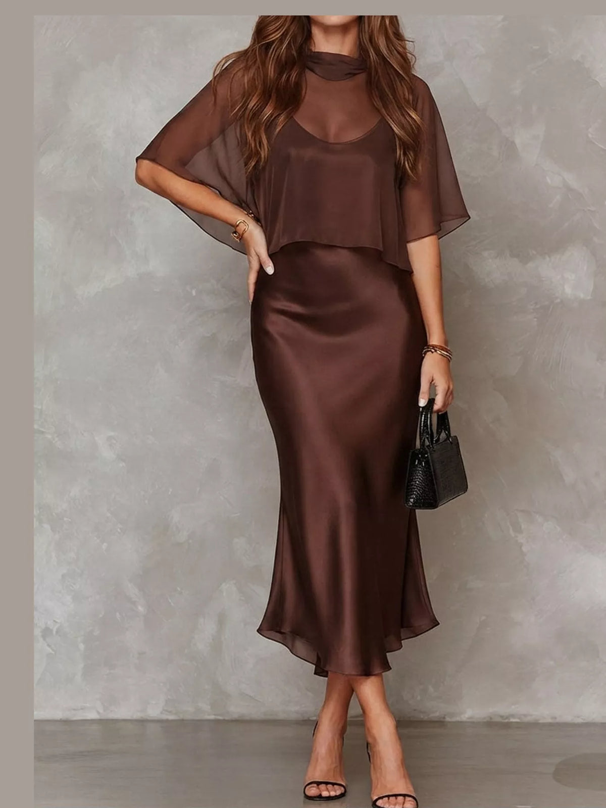 Calla Satin Slip Dress + Sheer Cape Set in Coffee, on model