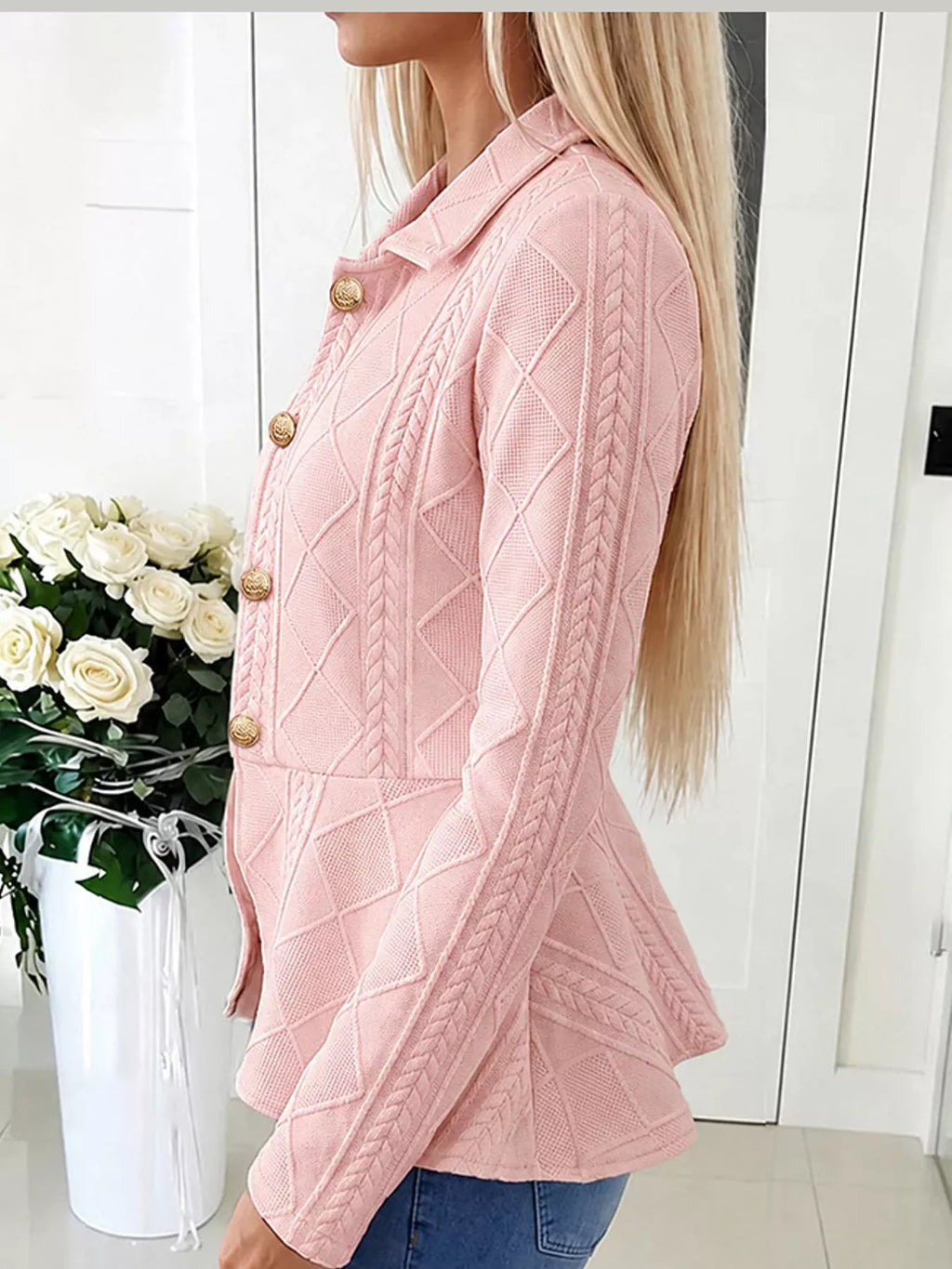 Briar Cable-Knit Peplum Cardigan in Pink, on model