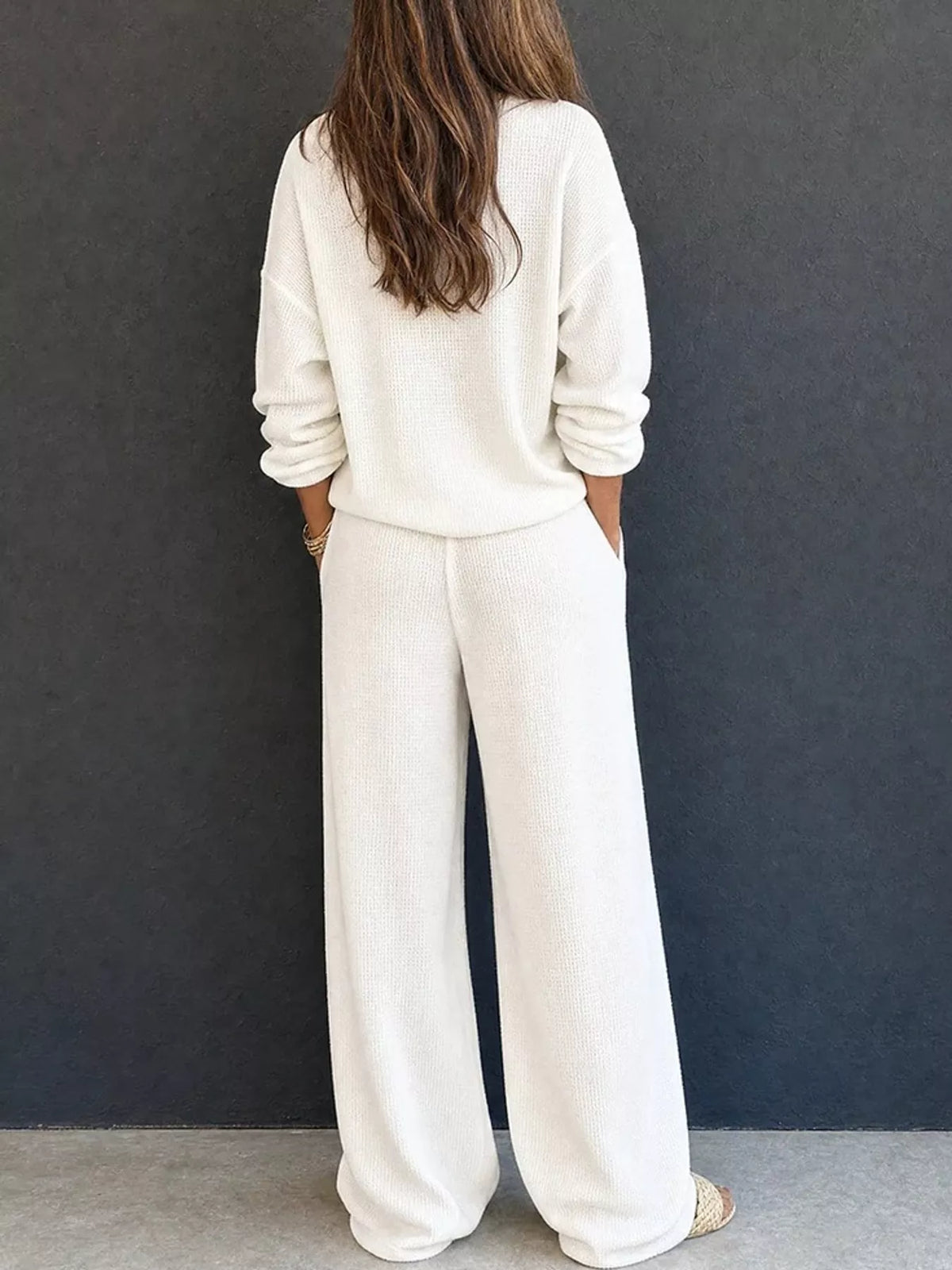 Thea Waffle-Knit Henley + Wide-Leg Pants Set in White, on model