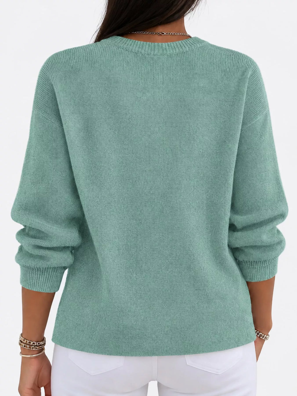 Corinne Classic Crew-Neck Sweater in Light Green, close-up detail