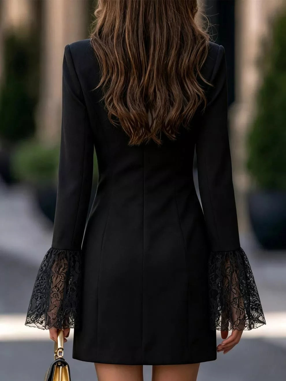 Greer Double-Breasted Blazer Dress in Black, on model