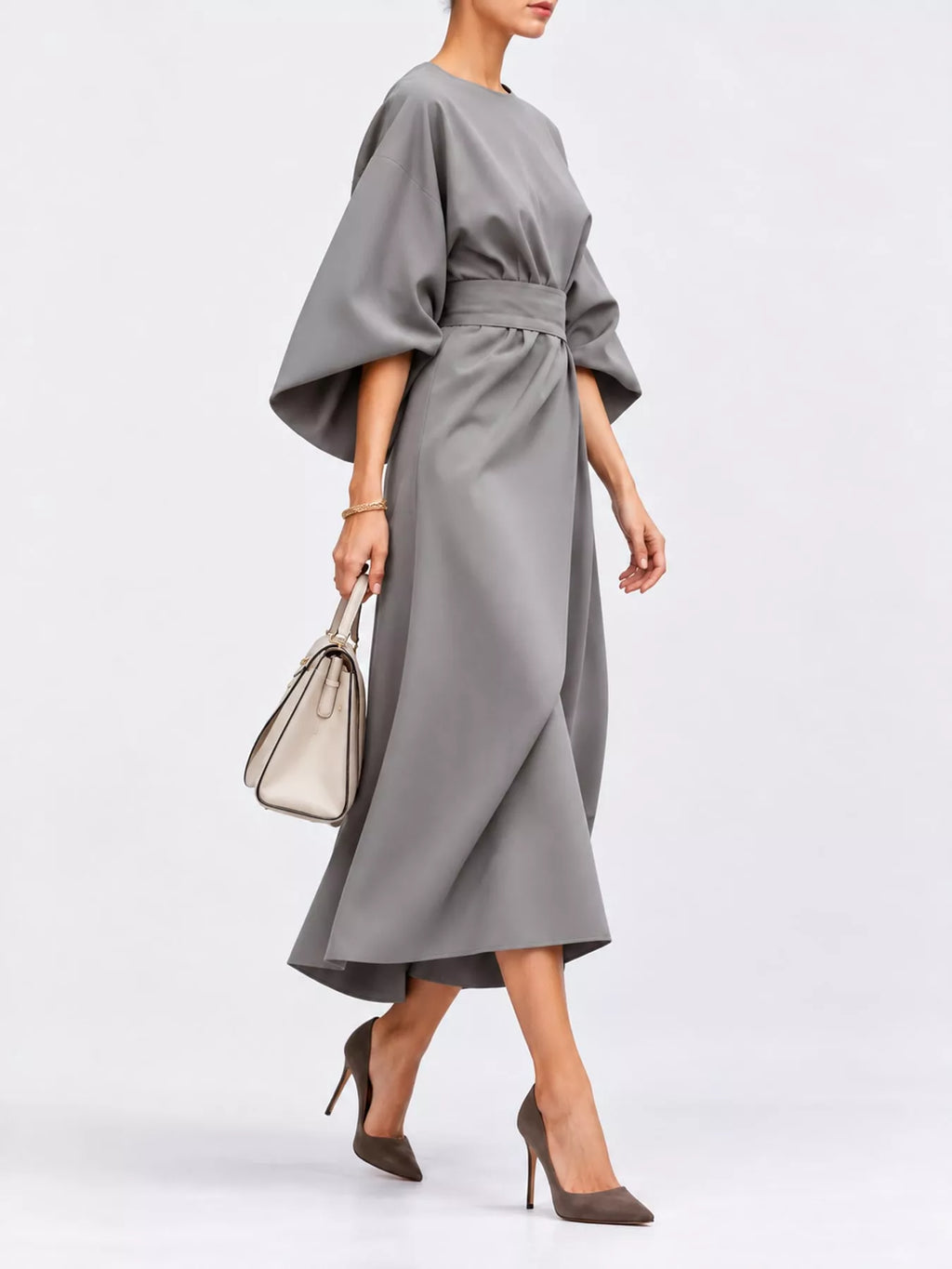Bettina Kimono-Sleeve Wrap Midi Dress in Light Gray, on model