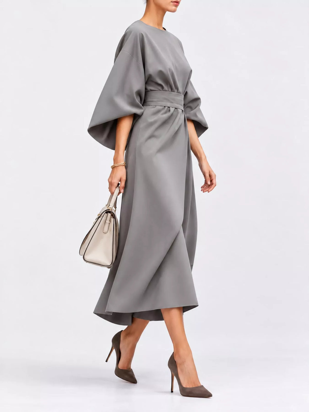 Bettina Kimono-Sleeve Wrap Midi Dress in Light Gray, on model