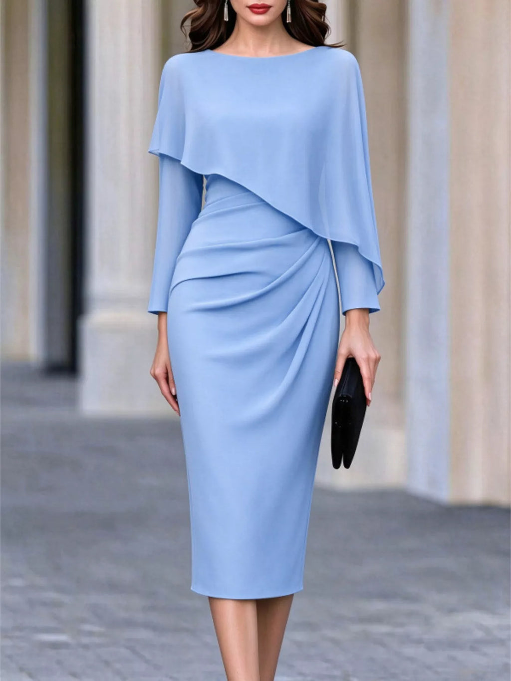 Rosalind Cape-Sleeve Midi Dress in Light Blue, on model