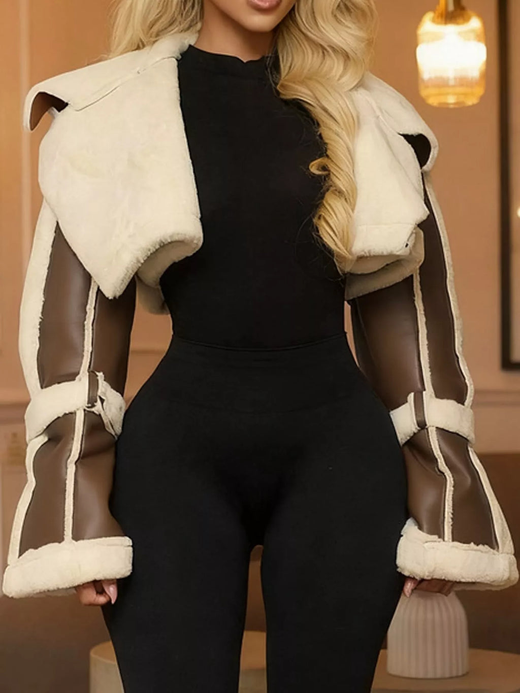 Demi Faux Leather Shearling-Trim Cropped Jacket in Brown, on model