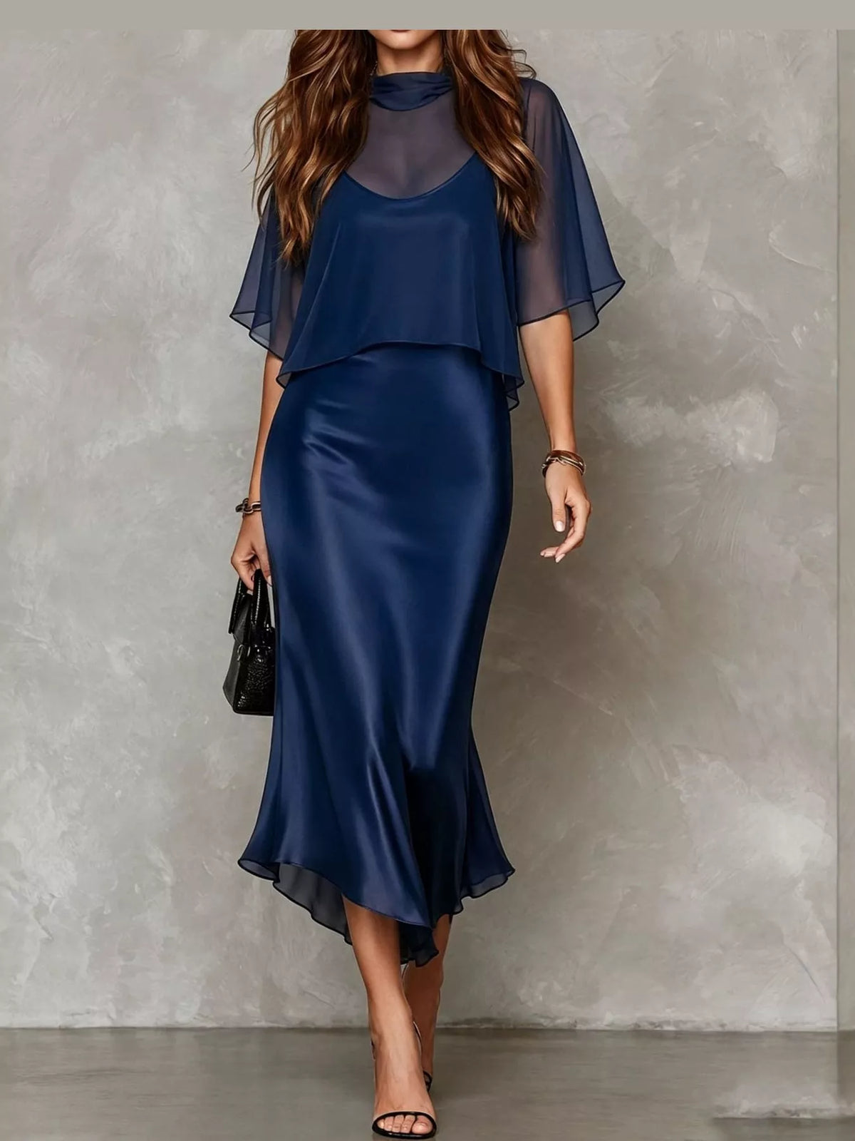 Calla Satin Slip Dress + Sheer Cape Set in Dark Blue, on model