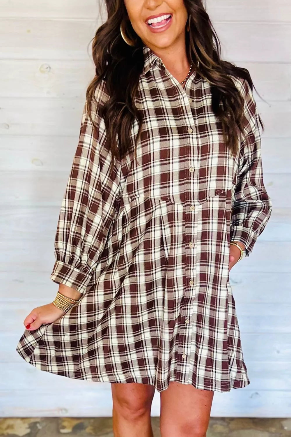 Annika Plaid Shift Mini Dress, on model