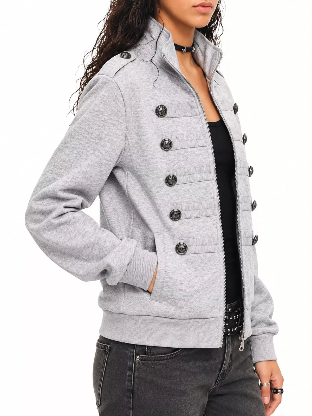 Lottie Military-Button Zip Jacket in Gray, on model
