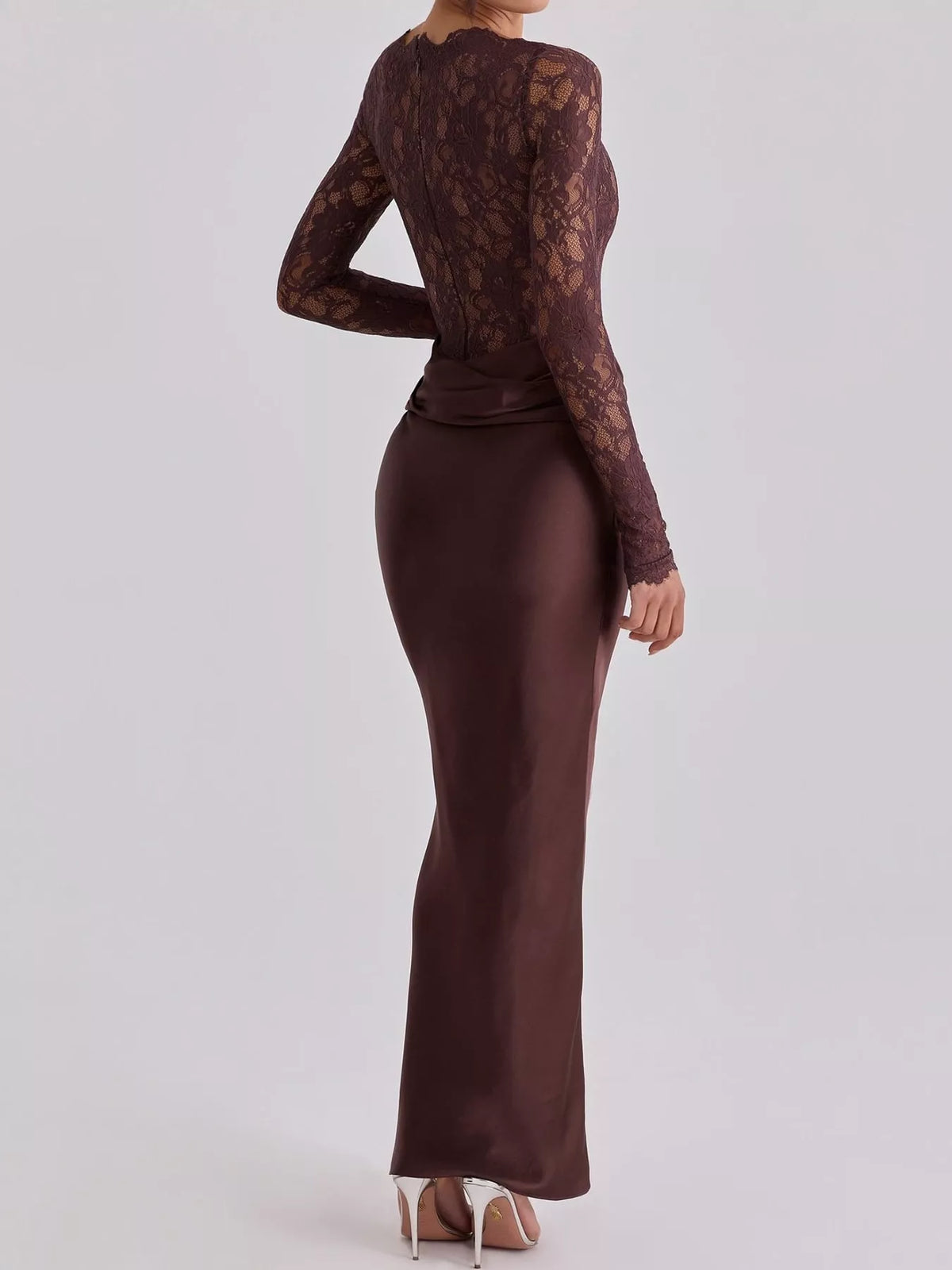 Delphine Lace + Satin Long-Sleeve Maxi Dress in Dark Red, on model