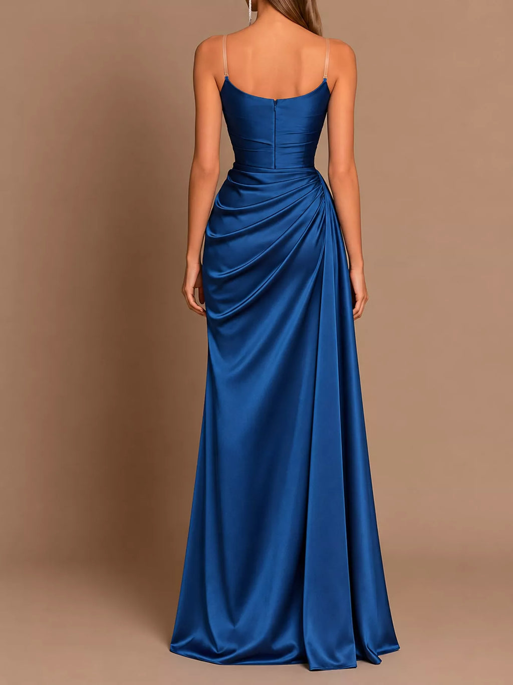 Maren Satin Cowl-Neck Slit Maxi Dress in Blue, on model