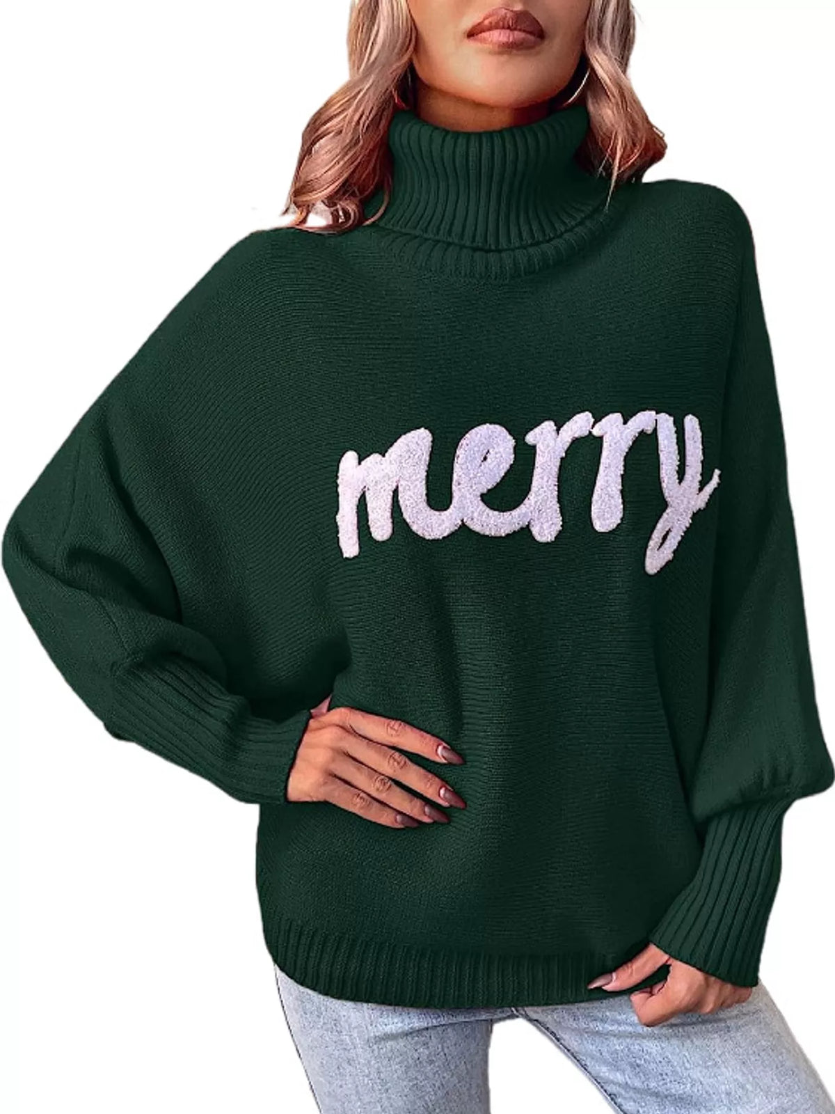 Mabel Merry Turtleneck Sweater in Dark Green, on model