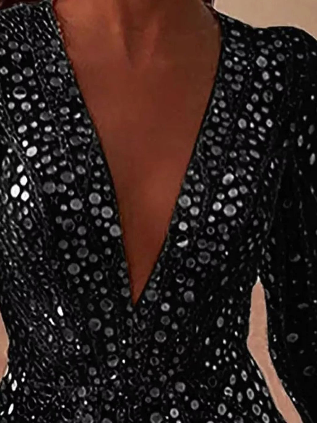 Talia Sequin Long-Sleeve Mini Dress in Black, V-neckline detail