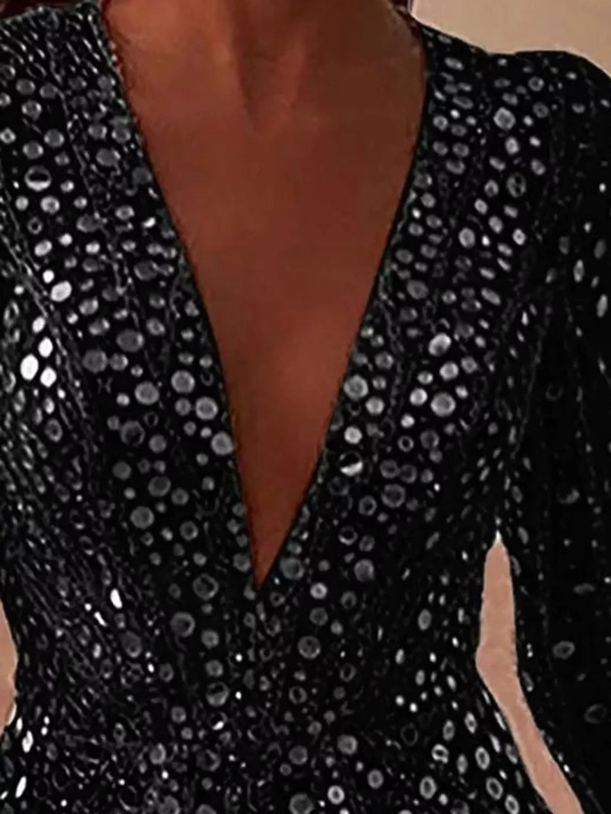 Talia Sequin Long-Sleeve Mini Dress in Black, V-neckline detail