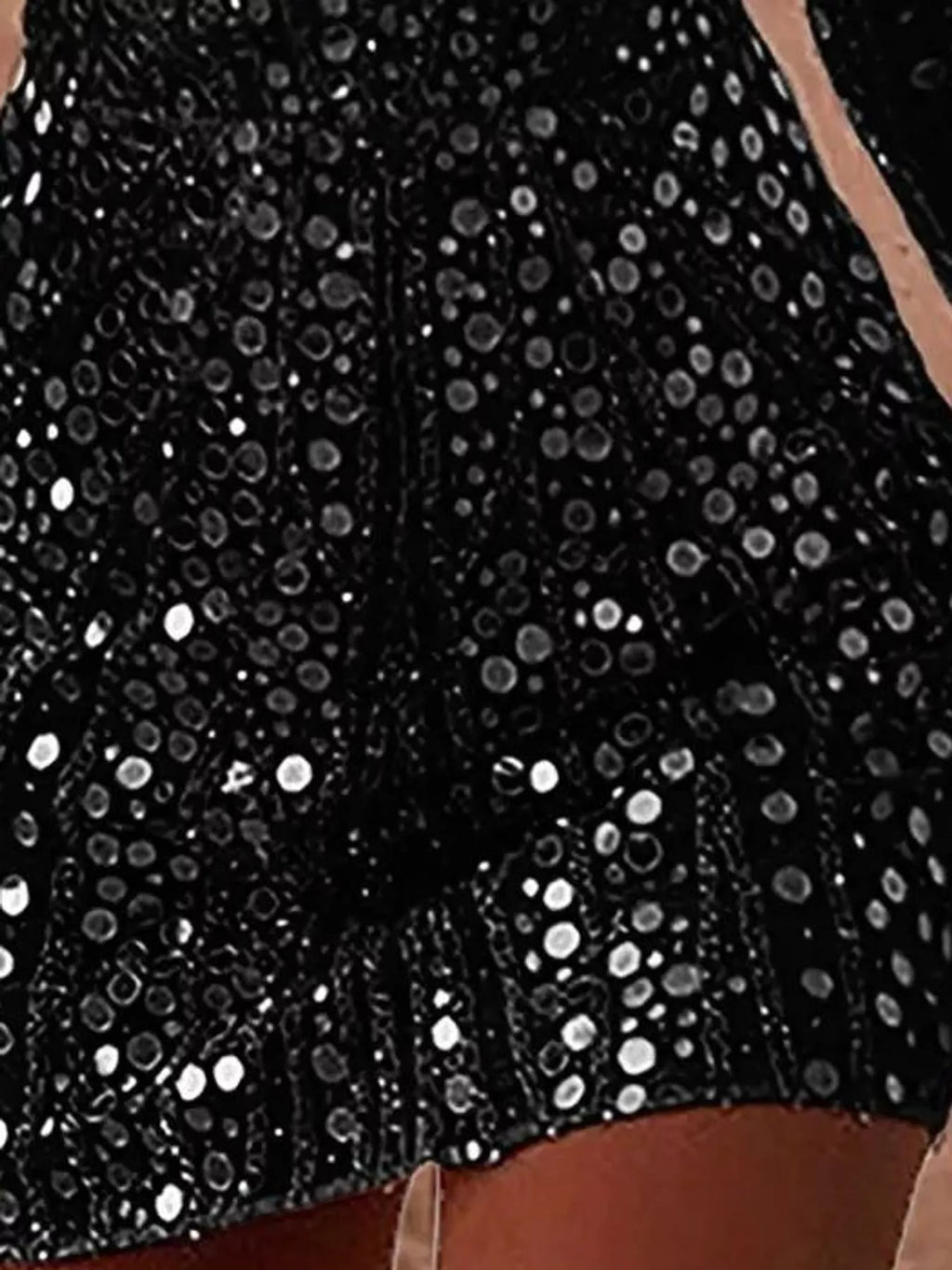Talia Sequin Long-Sleeve Mini Dress in Black, sequin skirt detail