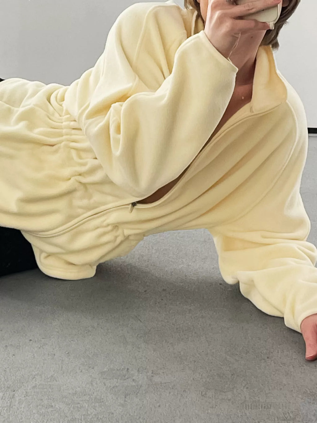 Kaia Cinched-Waist Fleece Zip-Up Jacket in Yellow, on model