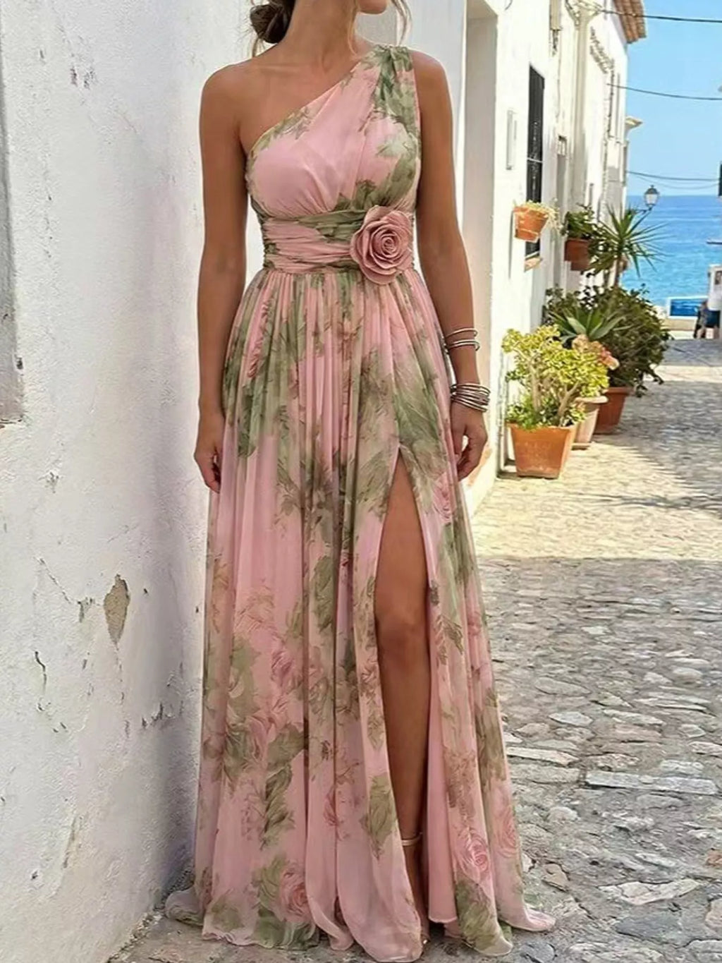 Pia One-Shoulder Floral Chiffon Maxi Dress in Pink, on model