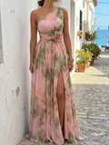 Pia One-Shoulder Floral Chiffon Maxi Dress in Pink, on model