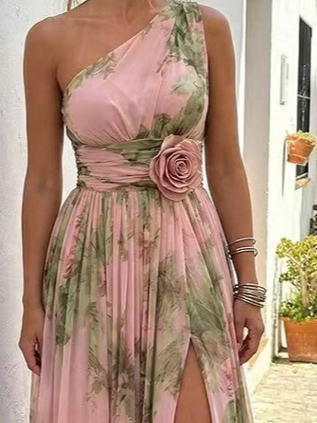 Pia One-Shoulder Floral Chiffon Maxi Dress in Pink, on model