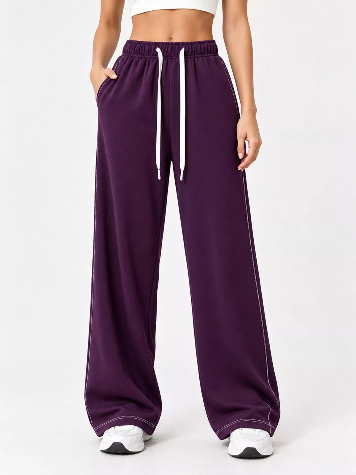Odessa Drawstring Wide-Leg Sweatpants in Deep Purple, on model