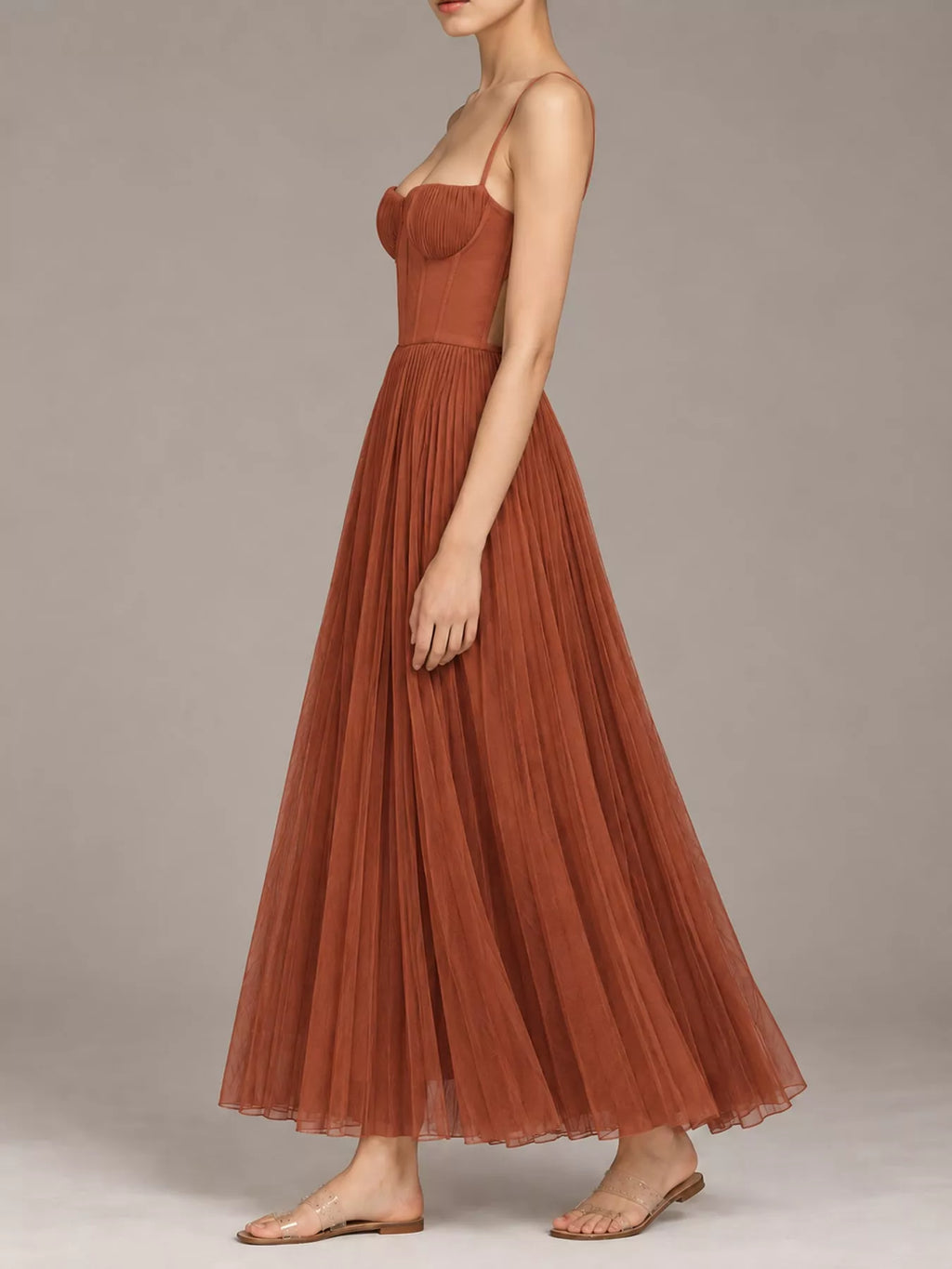 Saoirse Pleated Sweetheart Midi Dress in Brown, on model