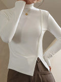 Una Asymmetric Mock-Neck Long-Sleeve Top in White, on model