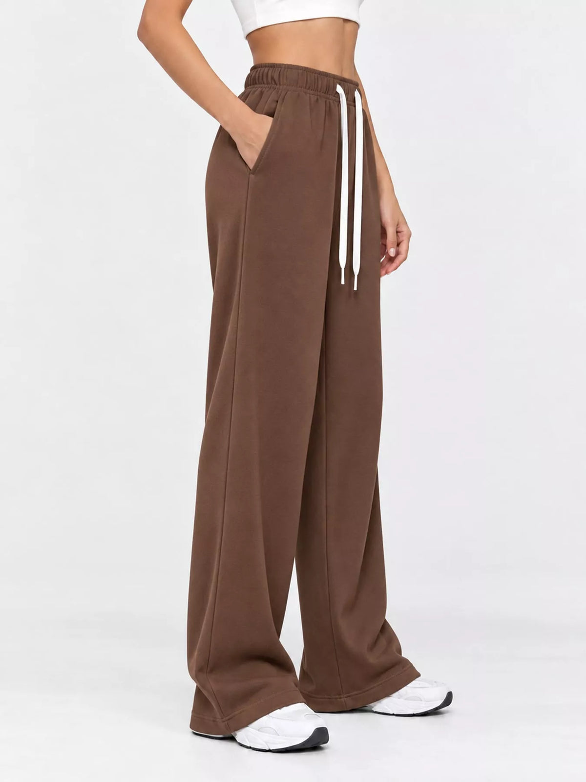 Odessa Drawstring Wide-Leg Sweatpants in Brown, on model